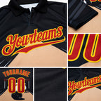 Custom Black Red Vegas Gold-Yellow Bowling Ball And Pins Performance Polo Shirt detail