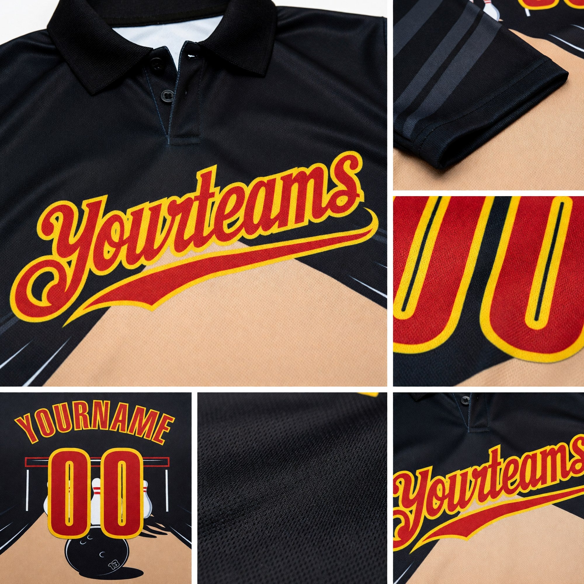 Custom Black Red Vegas Gold-Yellow Bowling Ball And Pins Performance Polo Shirt detail