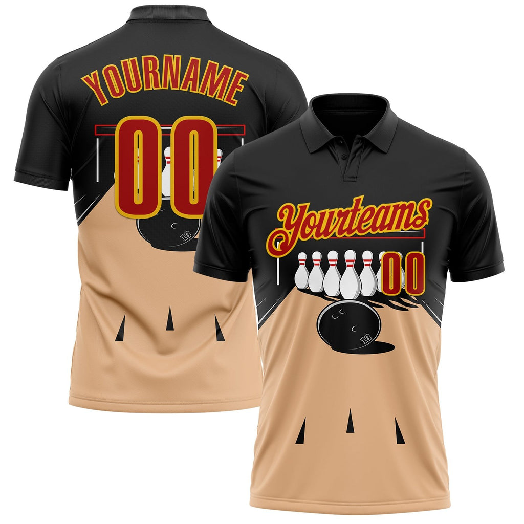 Custom Black Red Vegas Gold-Yellow Bowling Ball And Pins Performance Polo Shirt photo 1