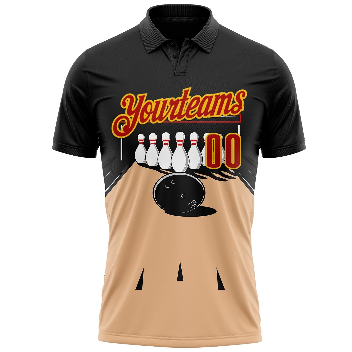 Custom Black Red Vegas Gold-Yellow Bowling Ball And Pins Performance Polo Shirt photo 2
