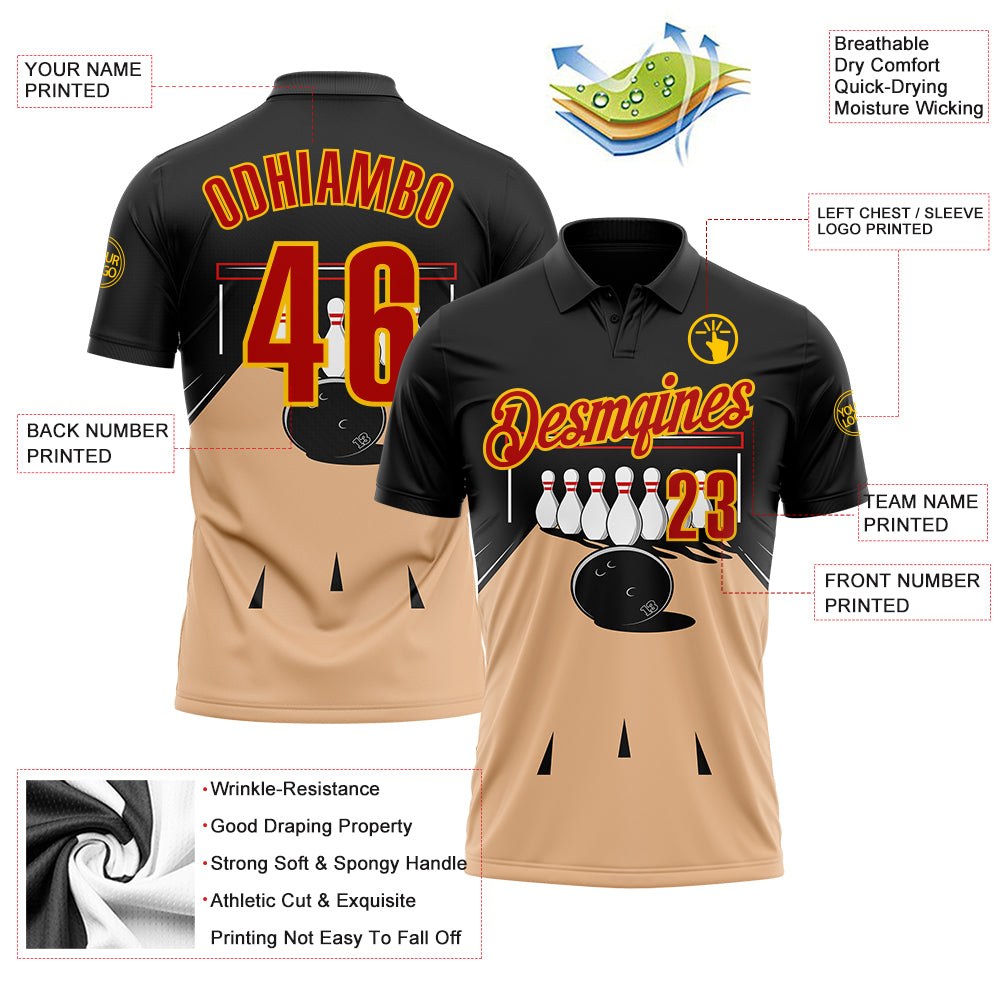 Custom Black Red Vegas Gold-Yellow Bowling Ball And Pins Performance Polo Shirt photo 3