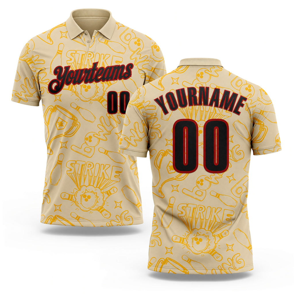 Custom City Cream Black-Red Bowling Ball And Pins Strike Performance Polo Shirt