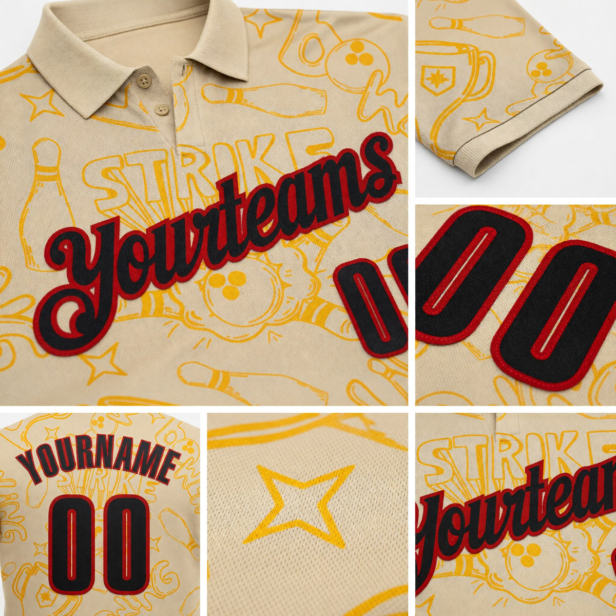 Custom City Cream Black-Red Bowling Ball And Pins Strike Performance Polo Shirt detail
