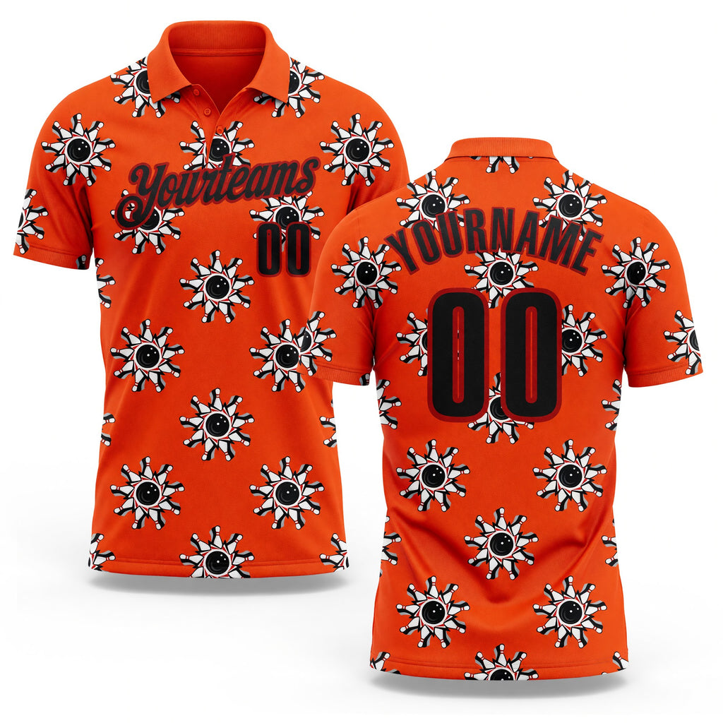Custom Orange Black-Red Bowling Ball And Pins Strike Performance Polo Shirt