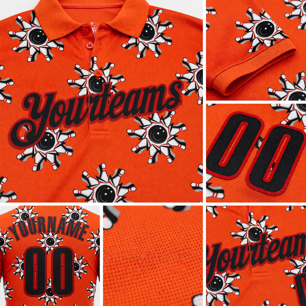 Custom Orange Black-Red Bowling Ball And Pins Strike Performance Polo Shirt detail