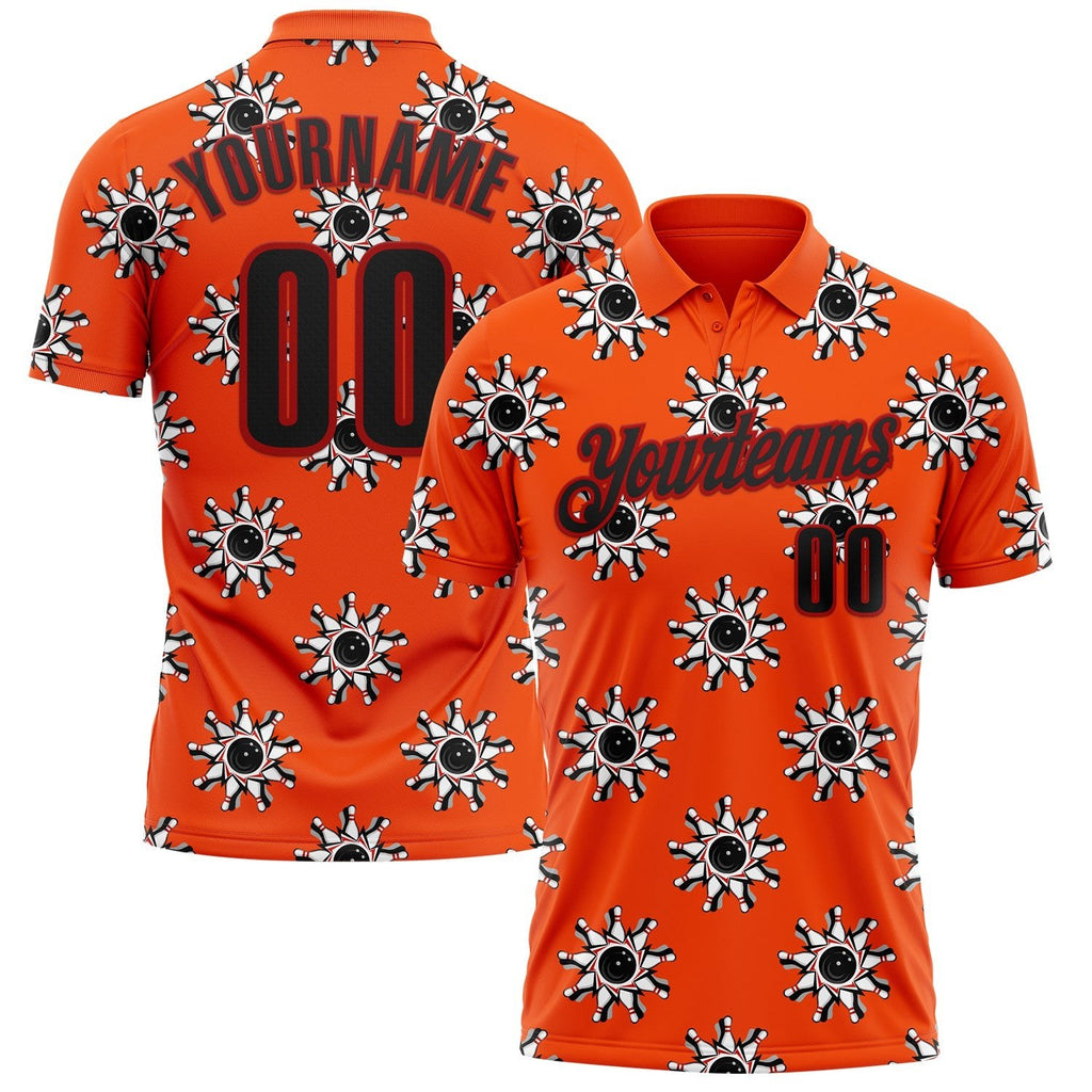 Custom Orange Black-Red Bowling Ball And Pins Strike Performance Polo Shirt photo 1