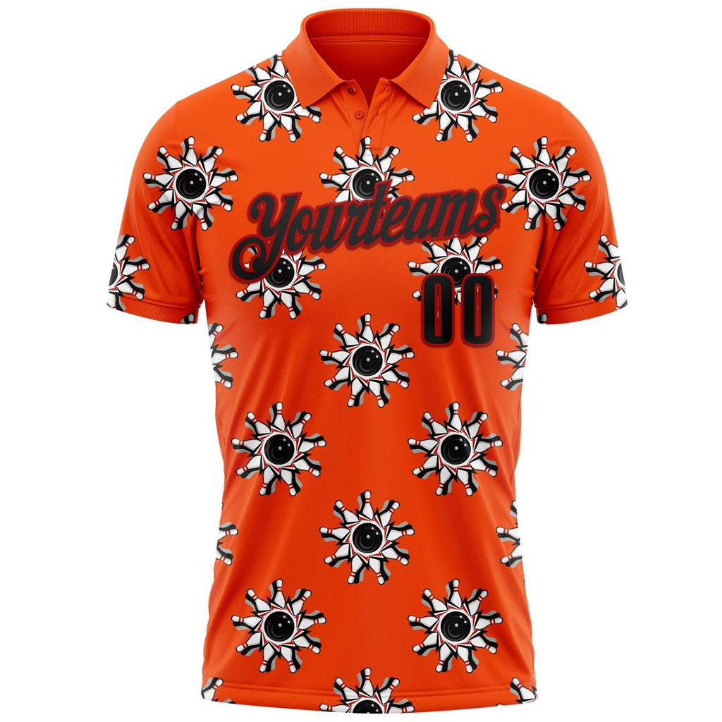 Custom Orange Black-Red Bowling Ball And Pins Strike Performance Polo Shirt photo 2
