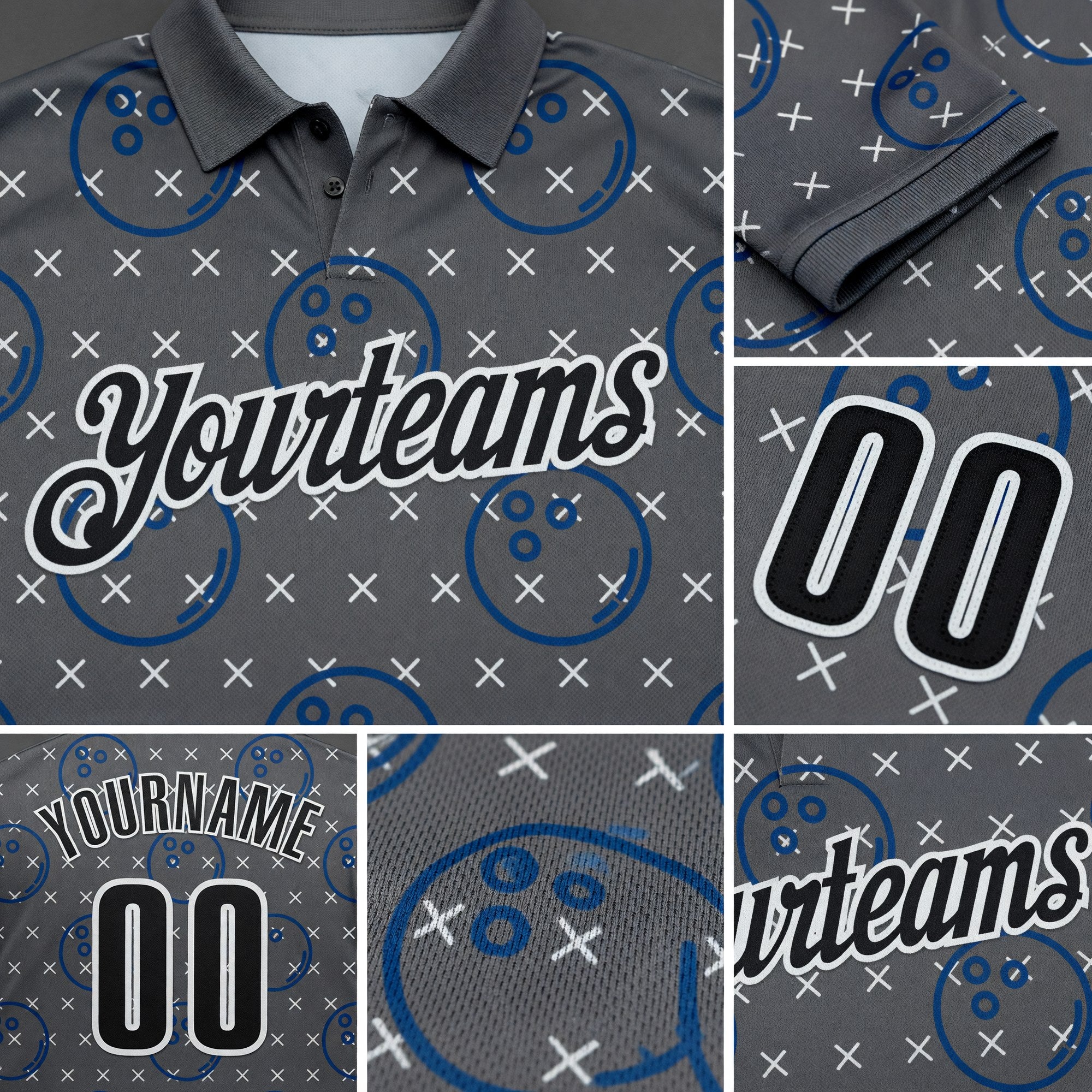 Custom Steel Gray Black-White Bowling Ball Performance Polo Shirt detail
