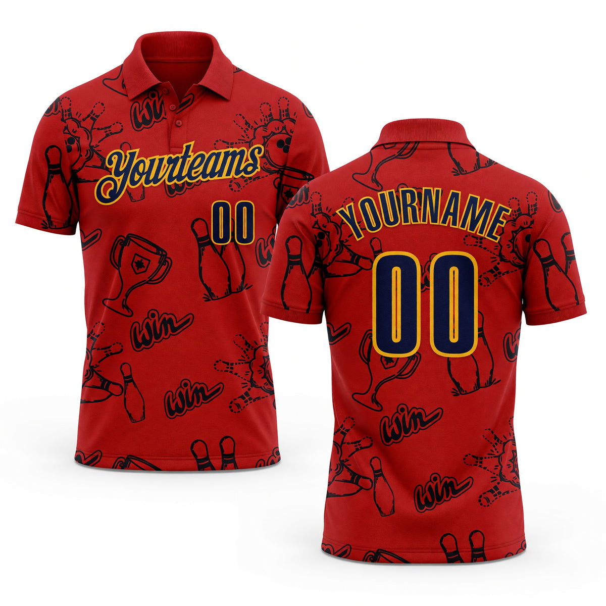 Custom Red Navy-Gold Bowling Ball And Pins Strike Performance Polo Shirt