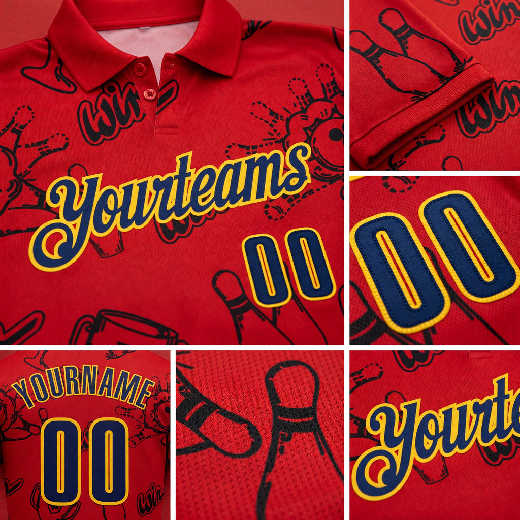 Custom Red Navy-Gold Bowling Ball And Pins Strike Performance Polo Shirt detail