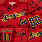 Custom Red Navy-Gold Bowling Ball And Pins Strike Performance Polo Shirt detail