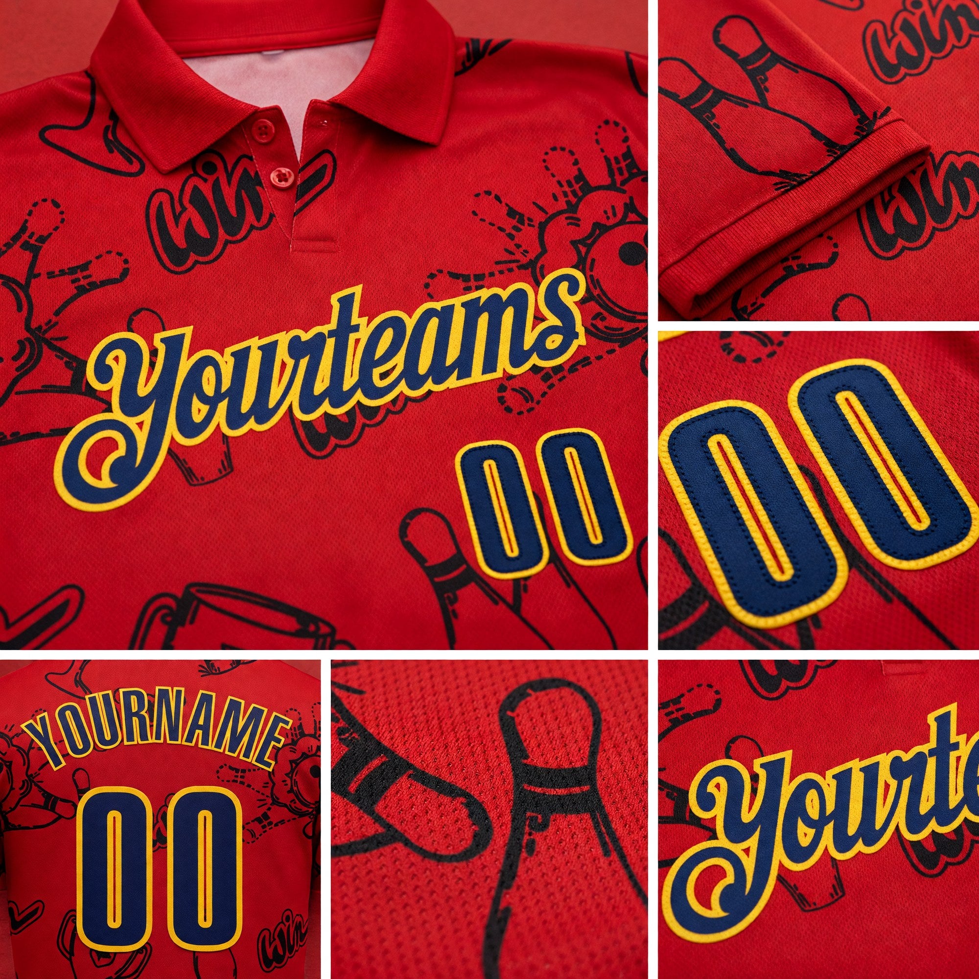 Custom Red Navy-Gold Bowling Ball And Pins Strike Performance Polo Shirt detail