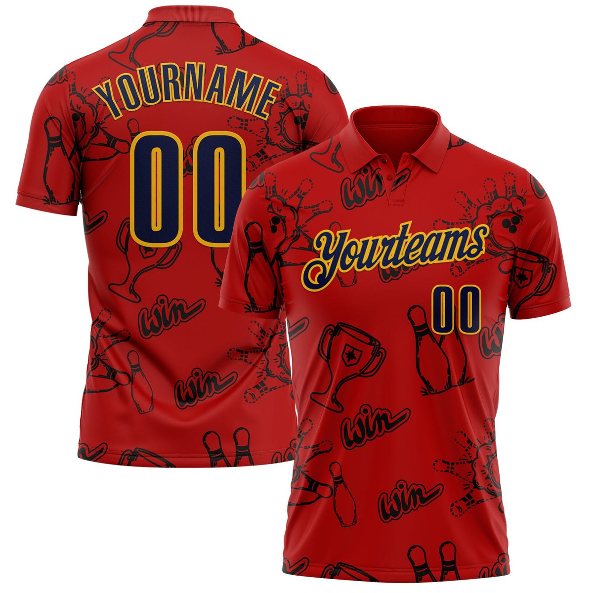 Custom Red Navy-Gold Bowling Ball And Pins Strike Performance Polo Shirt photo 1