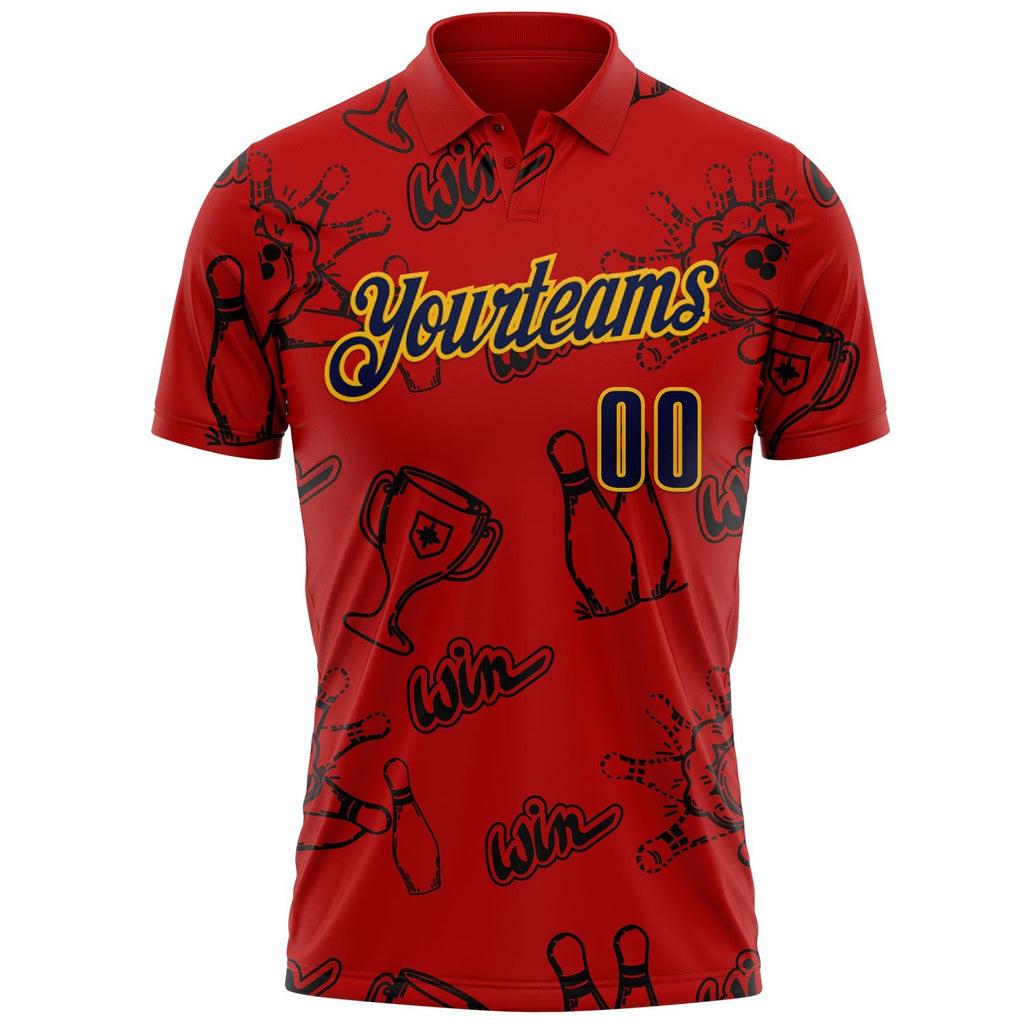 Custom Red Navy-Gold Bowling Ball And Pins Strike Performance Polo Shirt photo 2