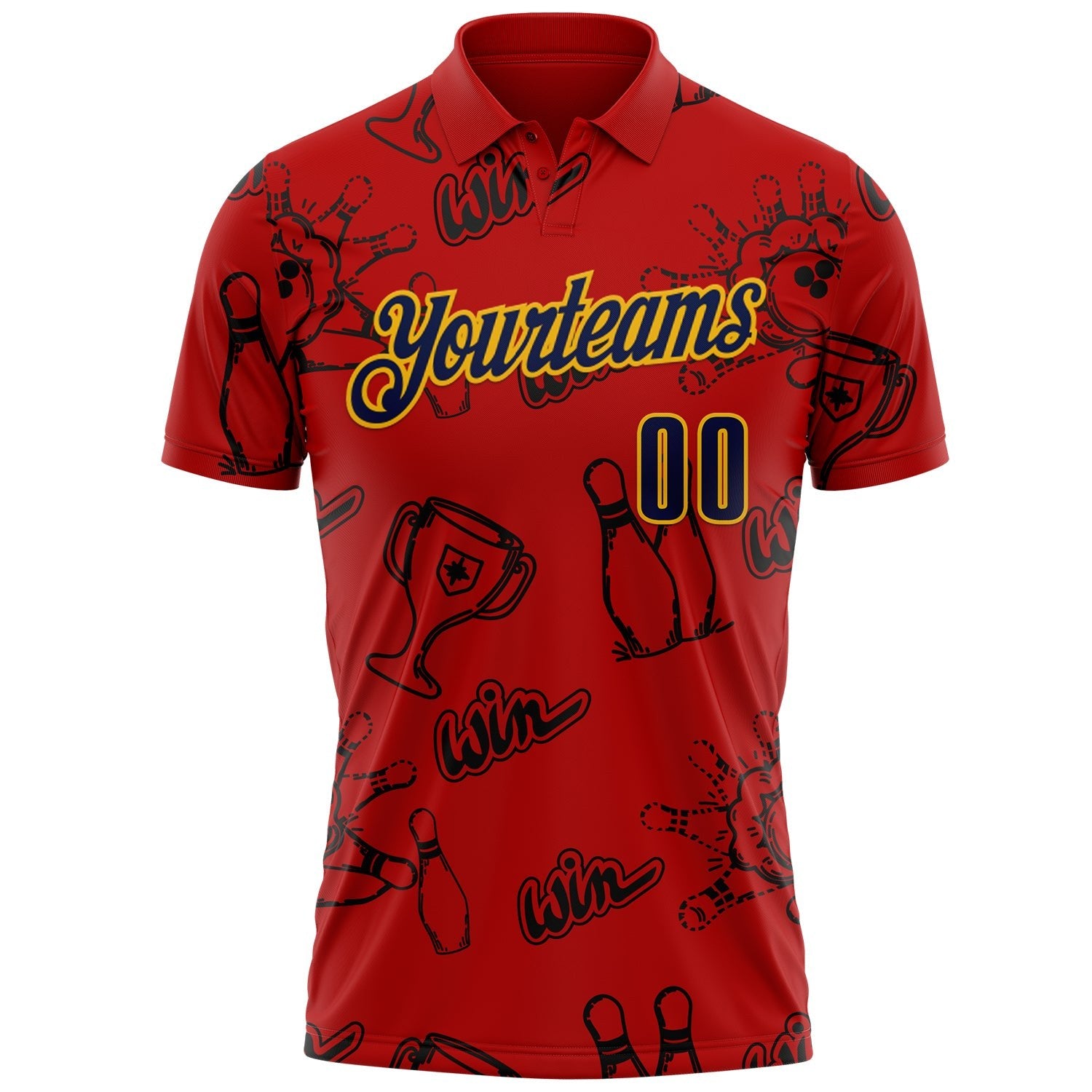 Custom Red Navy-Gold Bowling Ball And Pins Strike Performance Polo Shirt photo 2