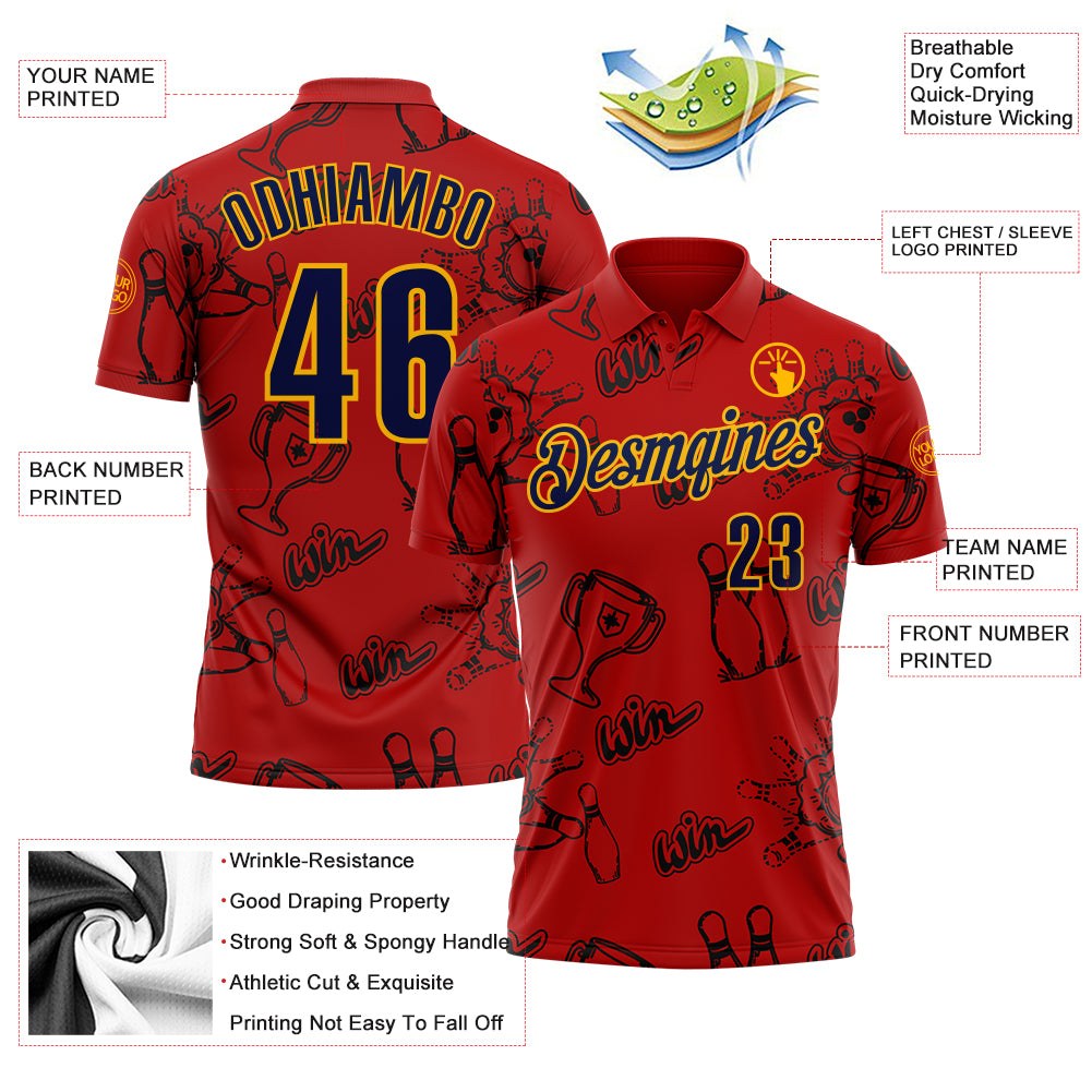 Custom Red Navy-Gold Bowling Ball And Pins Strike Performance Polo Shirt photo 3