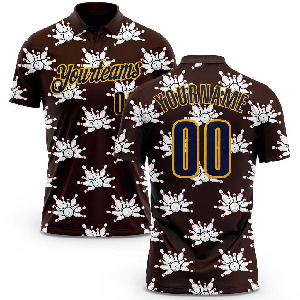 Custom Brown Navy-Gold Bowling Ball And Pins Strike Performance Polo Shirt