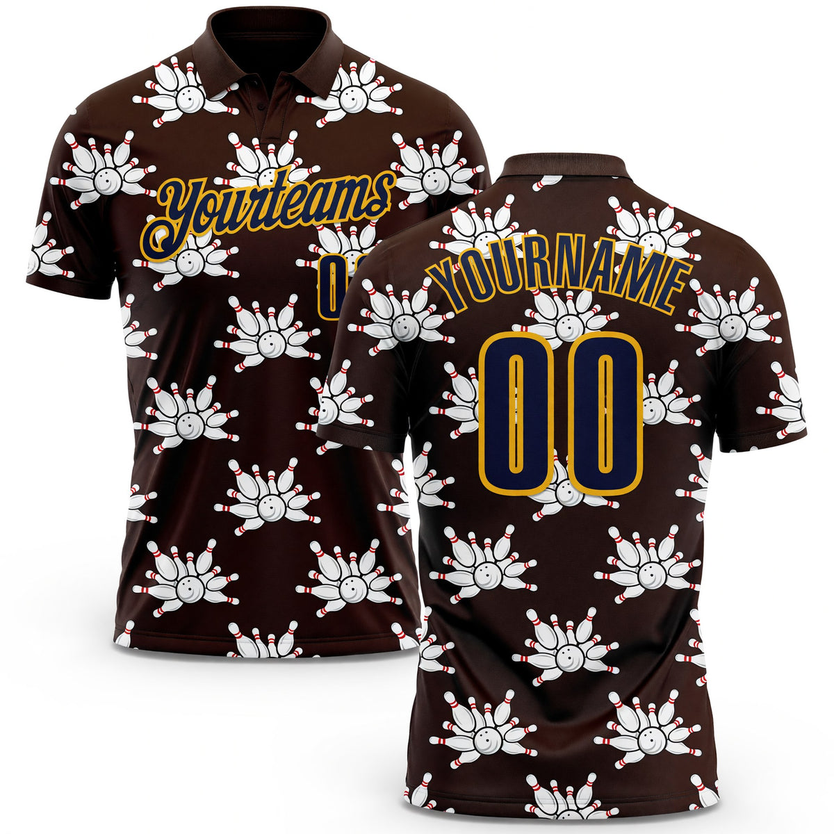 Custom Brown Navy-Gold Bowling Ball And Pins Strike Performance Polo Shirt