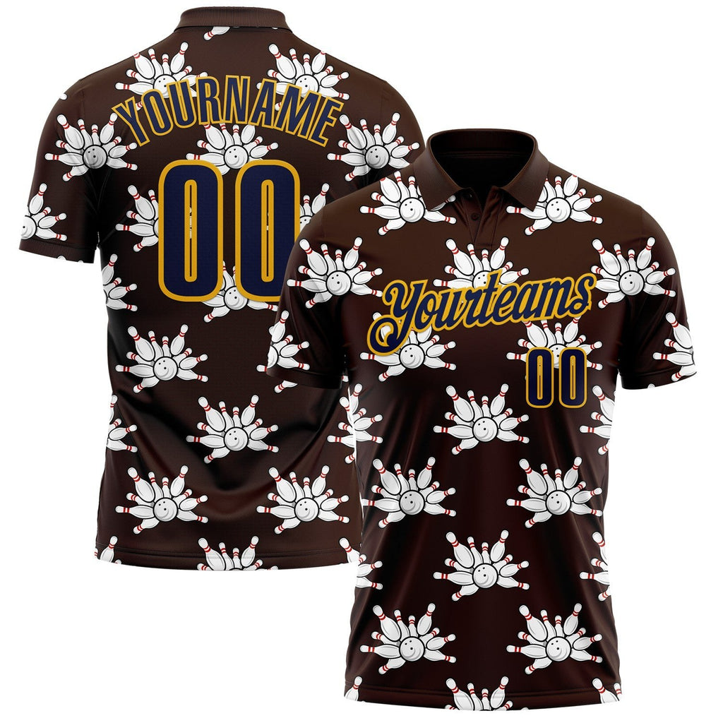 Custom Brown Navy-Gold Bowling Ball And Pins Strike Performance Polo Shirt photo 1