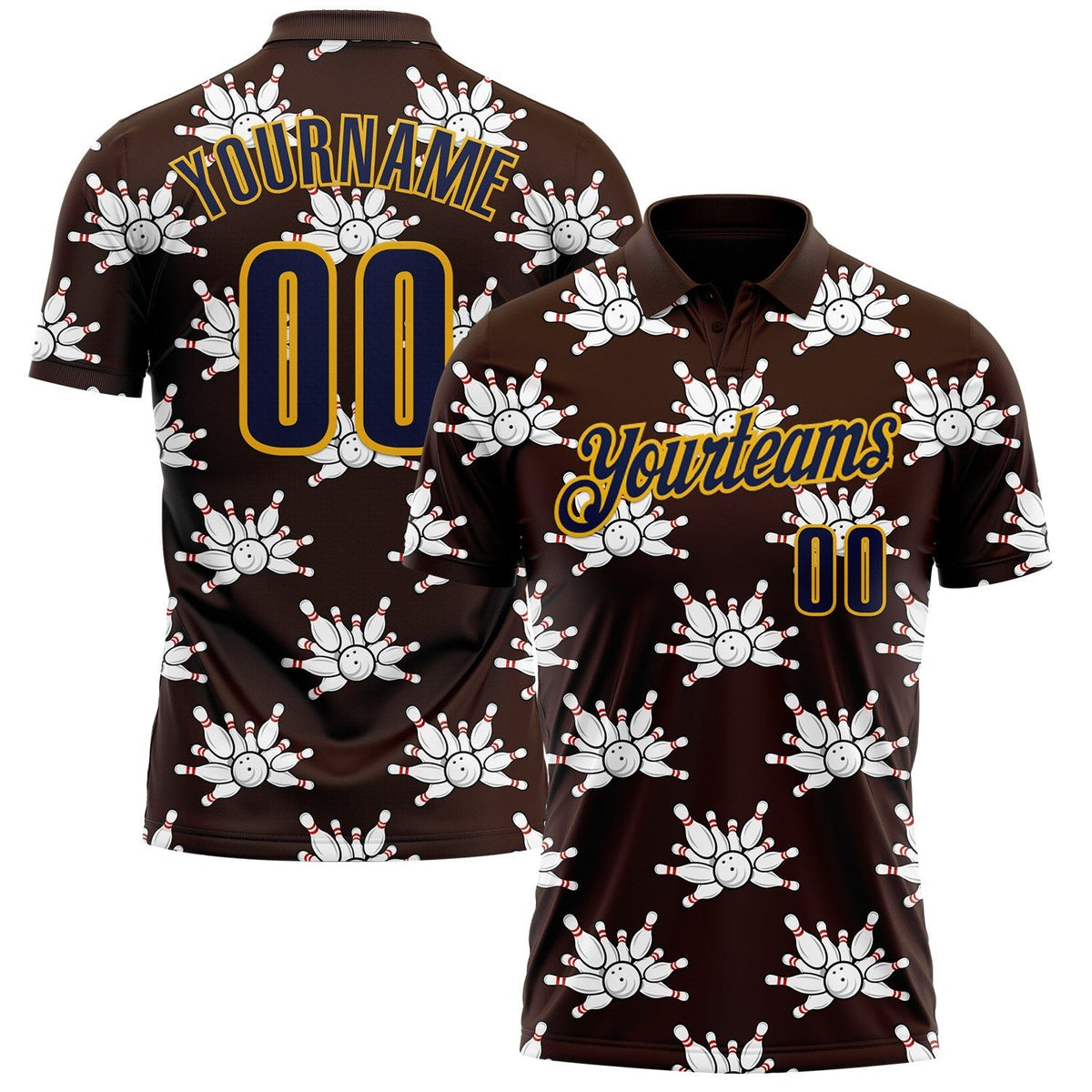 Custom Brown Navy-Gold Bowling Ball And Pins Strike Performance Polo Shirt photo 1