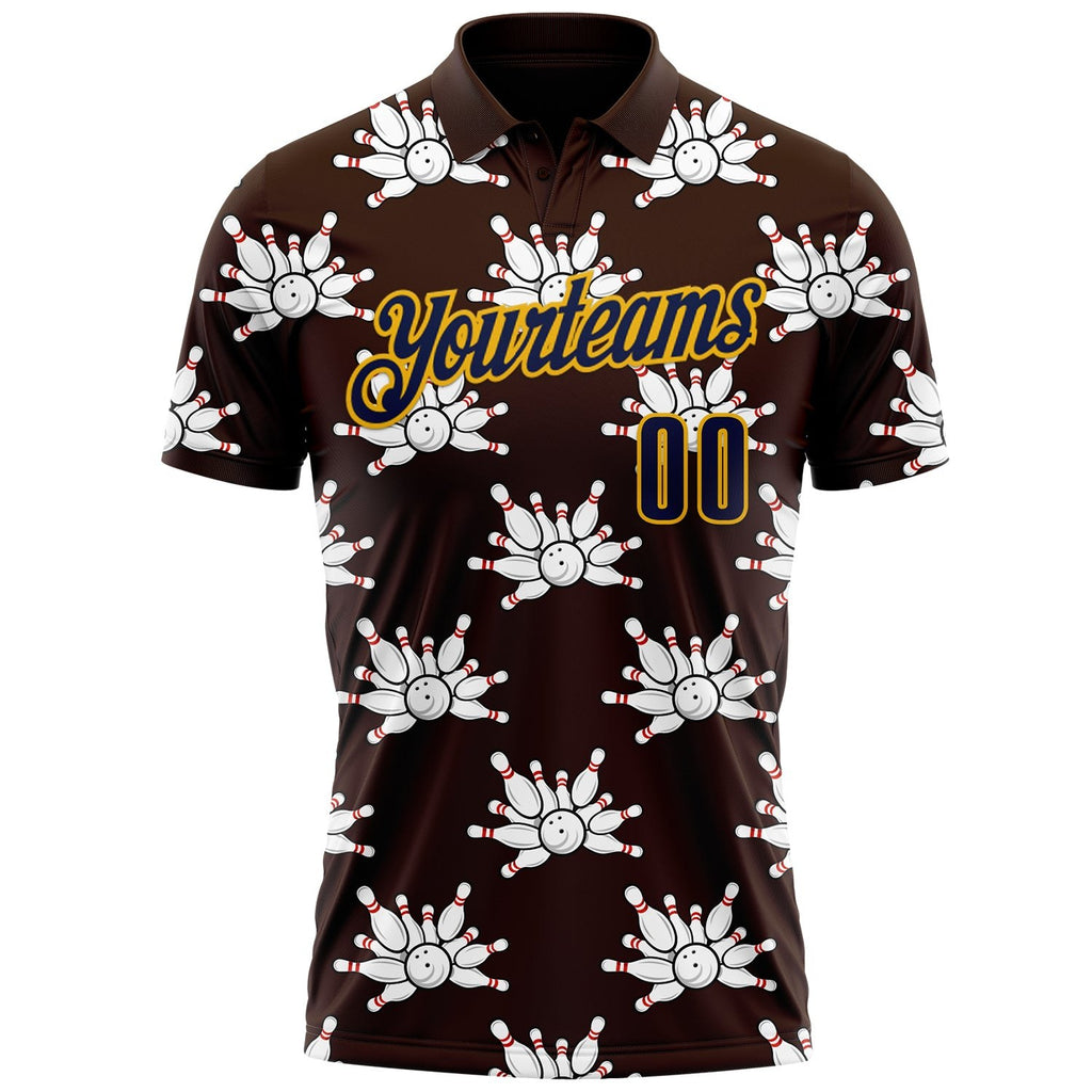 Custom Brown Navy-Gold Bowling Ball And Pins Strike Performance Polo Shirt photo 2