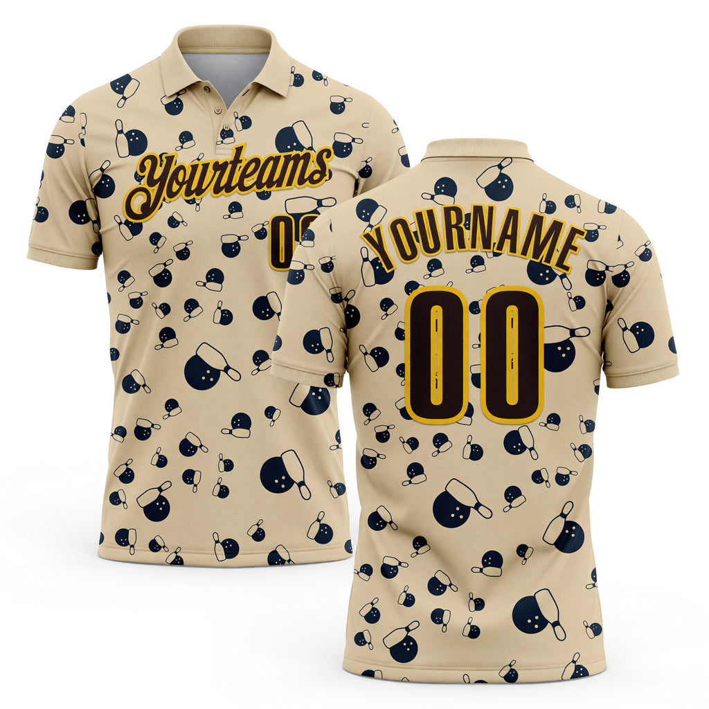 Custom City Cream Brown-Gold Bowling Ball And Pins Strike Performance Polo Shirt