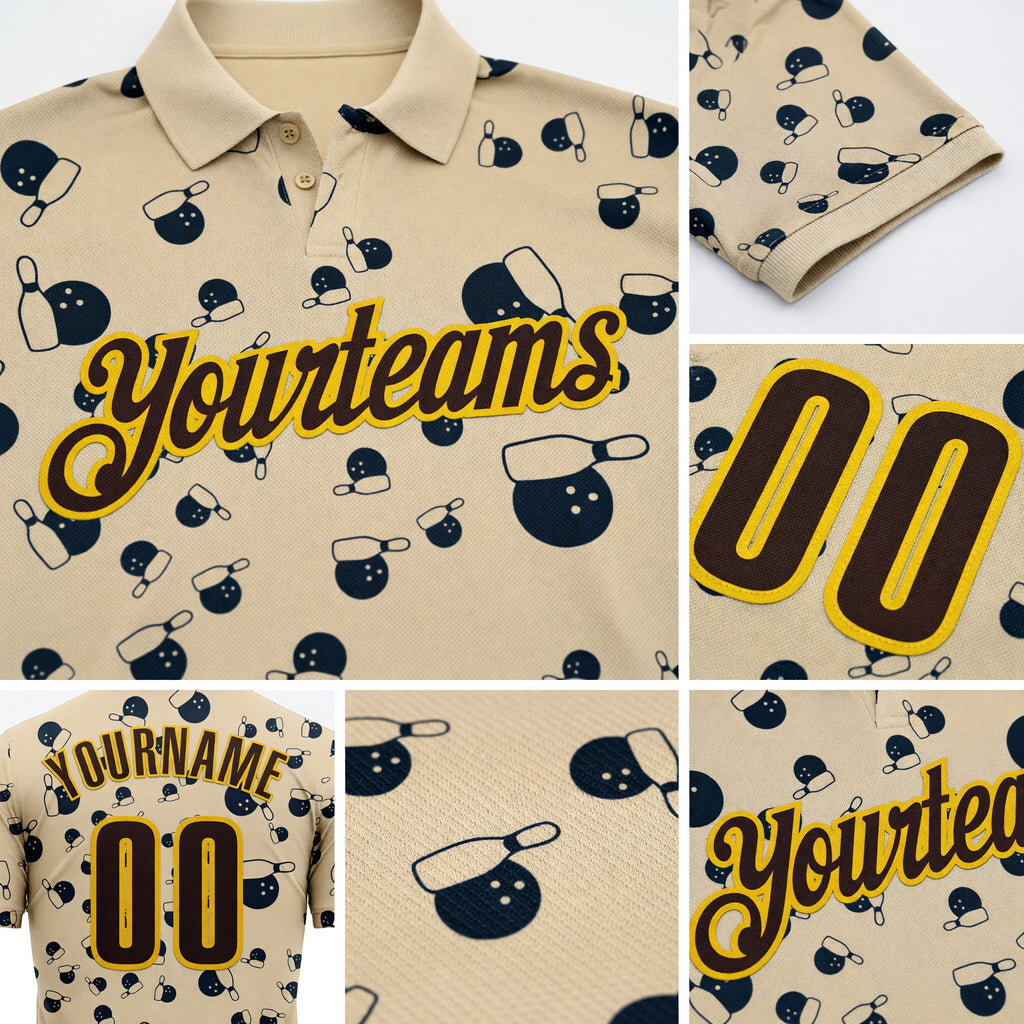 Custom City Cream Brown-Gold Bowling Ball And Pins Strike Performance Polo Shirt detail