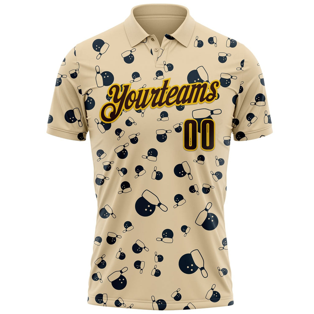 Custom City Cream Brown-Gold Bowling Ball And Pins Strike Performance Polo Shirt photo 1