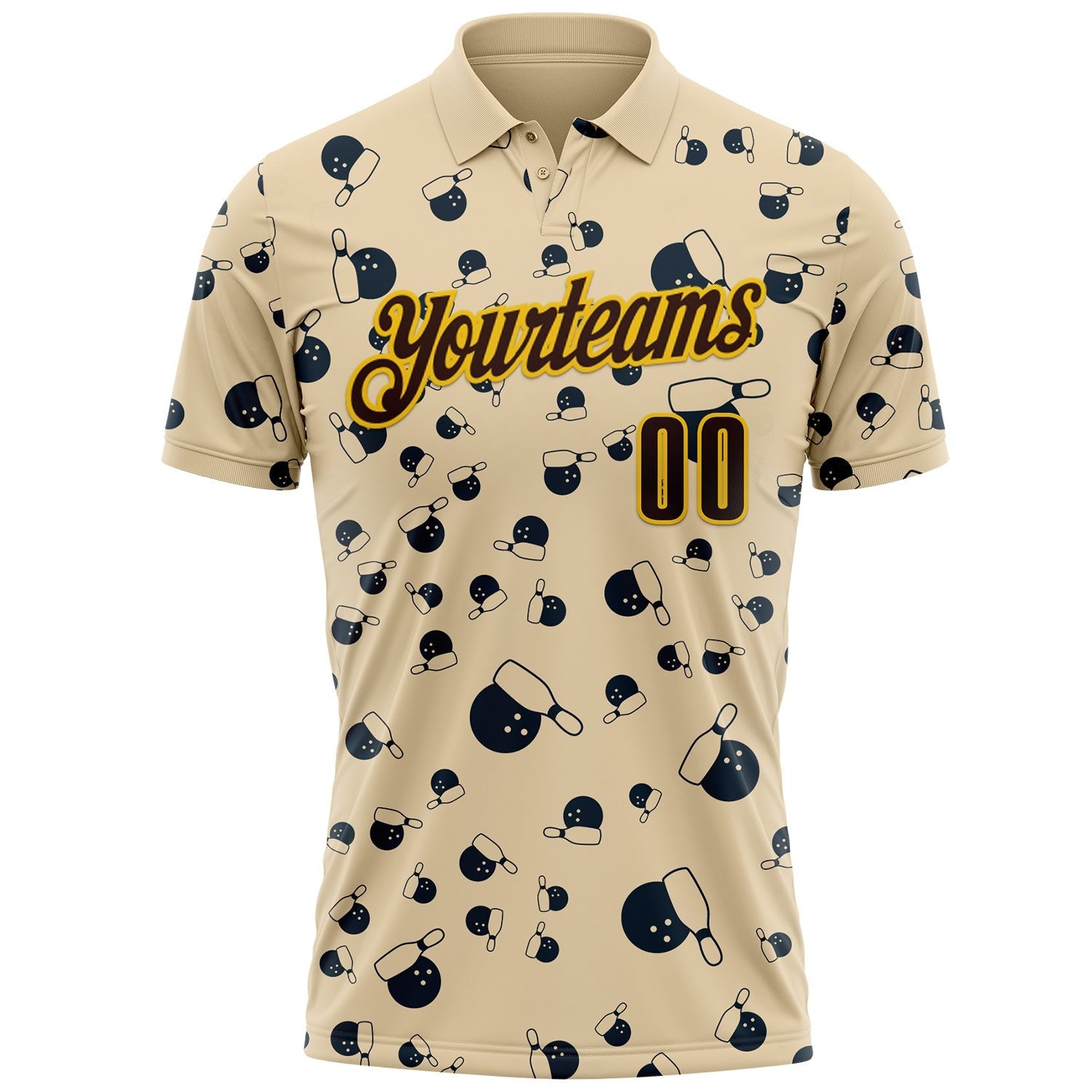 Custom City Cream Brown-Gold Bowling Ball And Pins Strike Performance Polo Shirt photo 1