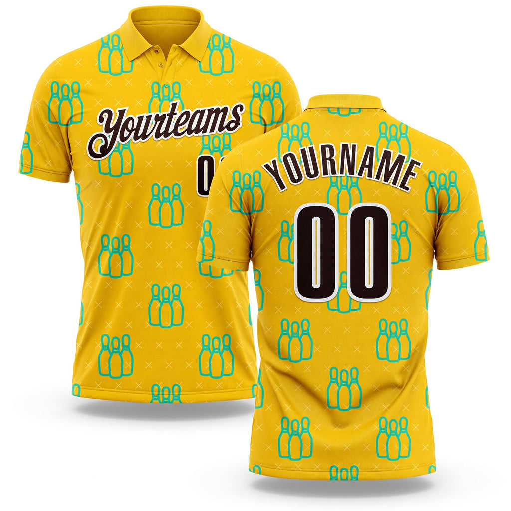 Custom Yellow Brown-White Bowling Pins Performance Polo Shirt