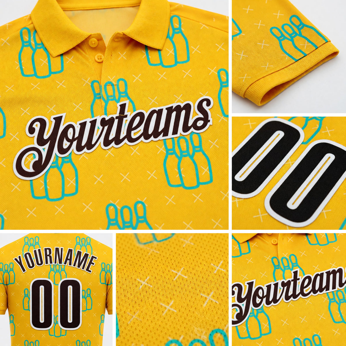 Custom Yellow Brown-White Bowling Pins Performance Polo Shirt detail