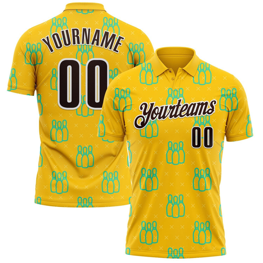 Custom Yellow Brown-White Bowling Pins Performance Polo Shirt photo 1