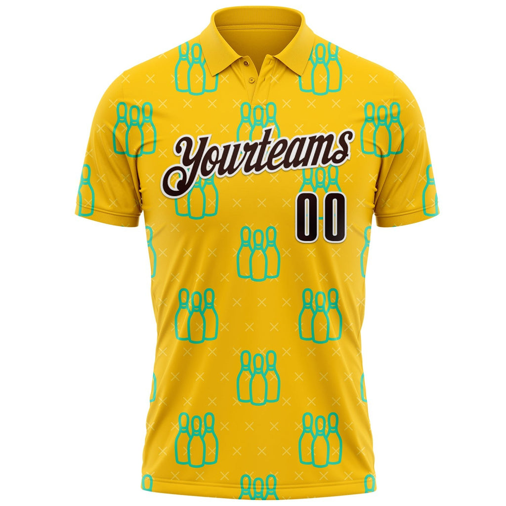 Custom Yellow Brown-White Bowling Pins Performance Polo Shirt photo 2