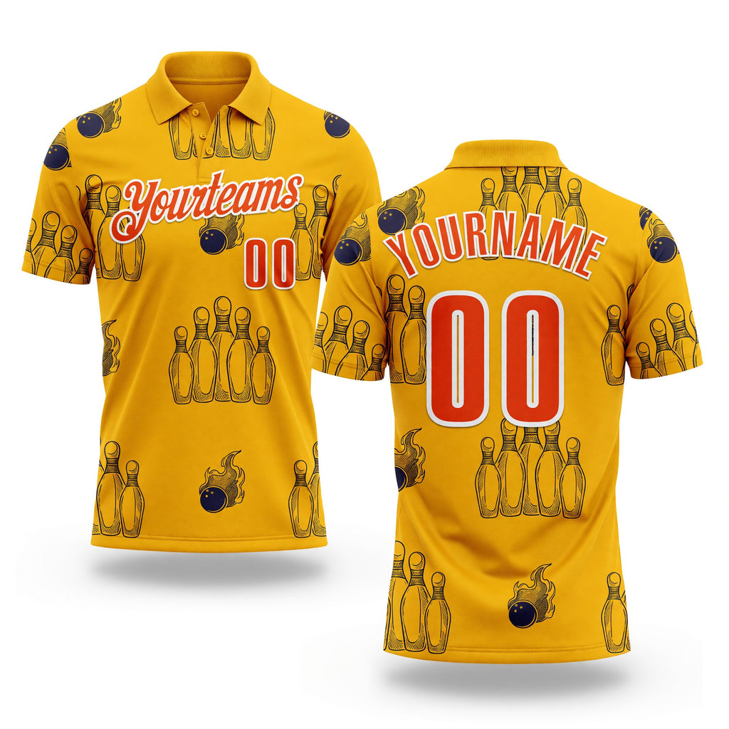 Custom Gold Orange-White Fire Bowling Ball And Pins Strike Performance Polo Shirt