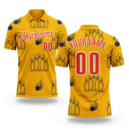 Custom Gold Orange-White Fire Bowling Ball And Pins Strike Performance Polo Shirt
