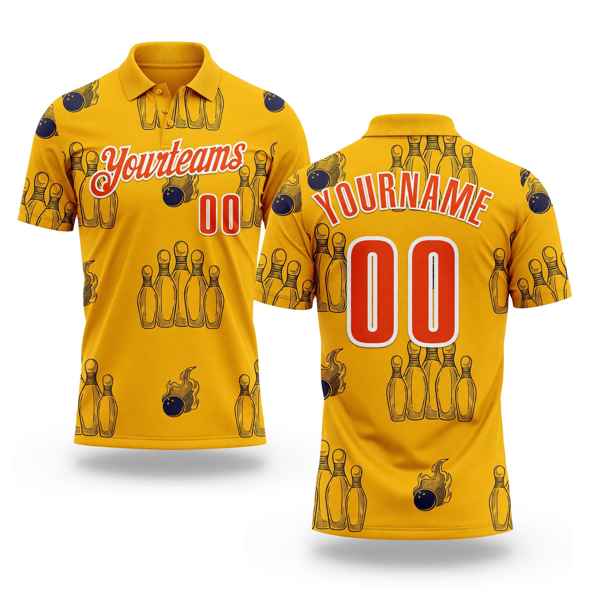 Custom Gold Orange-White Fire Bowling Ball And Pins Strike Performance Polo Shirt