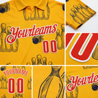 Custom Gold Orange-White Fire Bowling Ball And Pins Strike Performance Polo Shirt detail