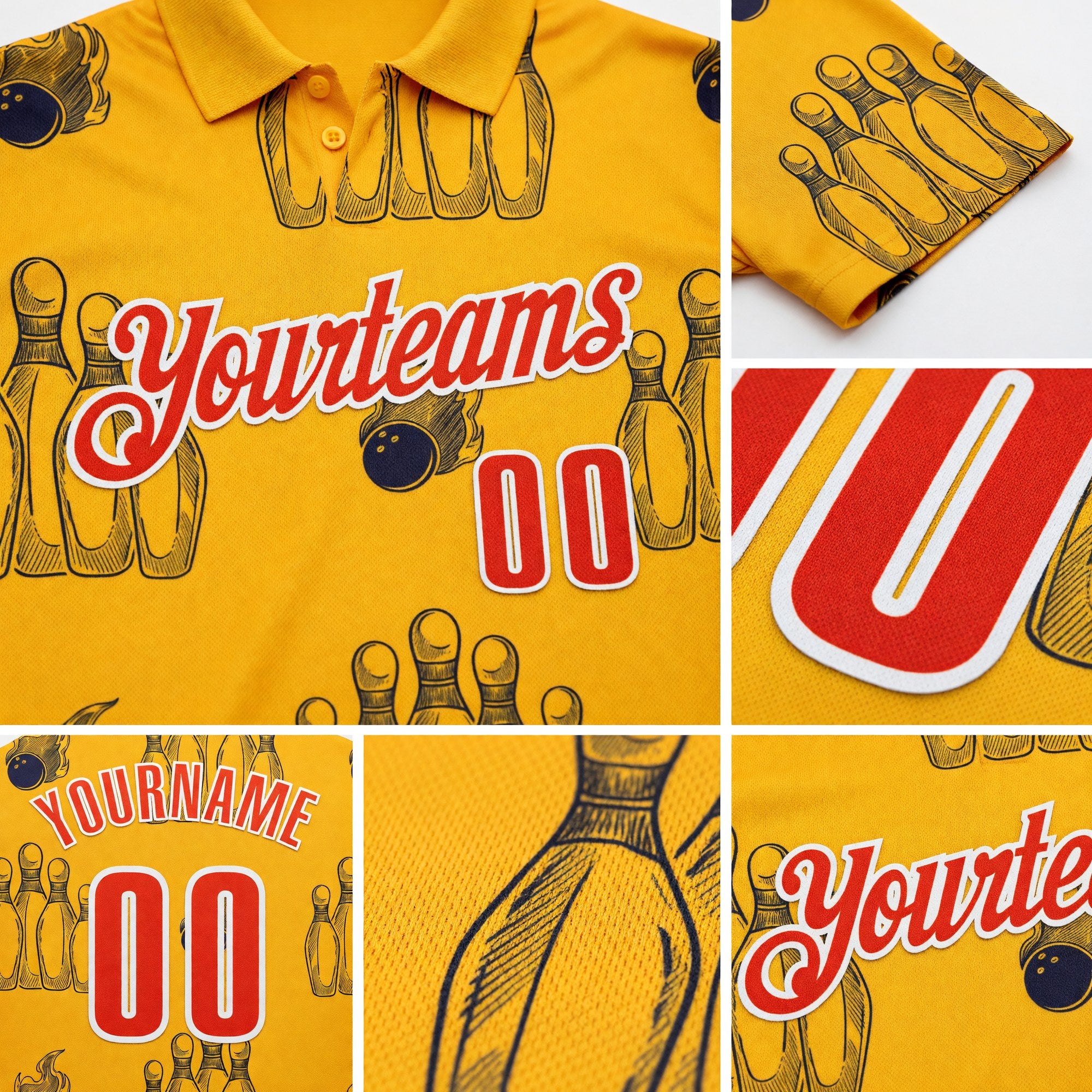 Custom Gold Orange-White Fire Bowling Ball And Pins Strike Performance Polo Shirt detail