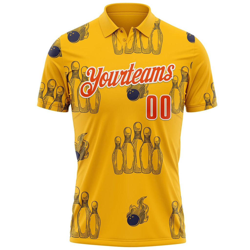 Custom Gold Orange-White Fire Bowling Ball And Pins Strike Performance Polo Shirt photo 1