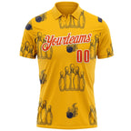 Custom Gold Orange-White Fire Bowling Ball And Pins Strike Performance Polo Shirt photo 1