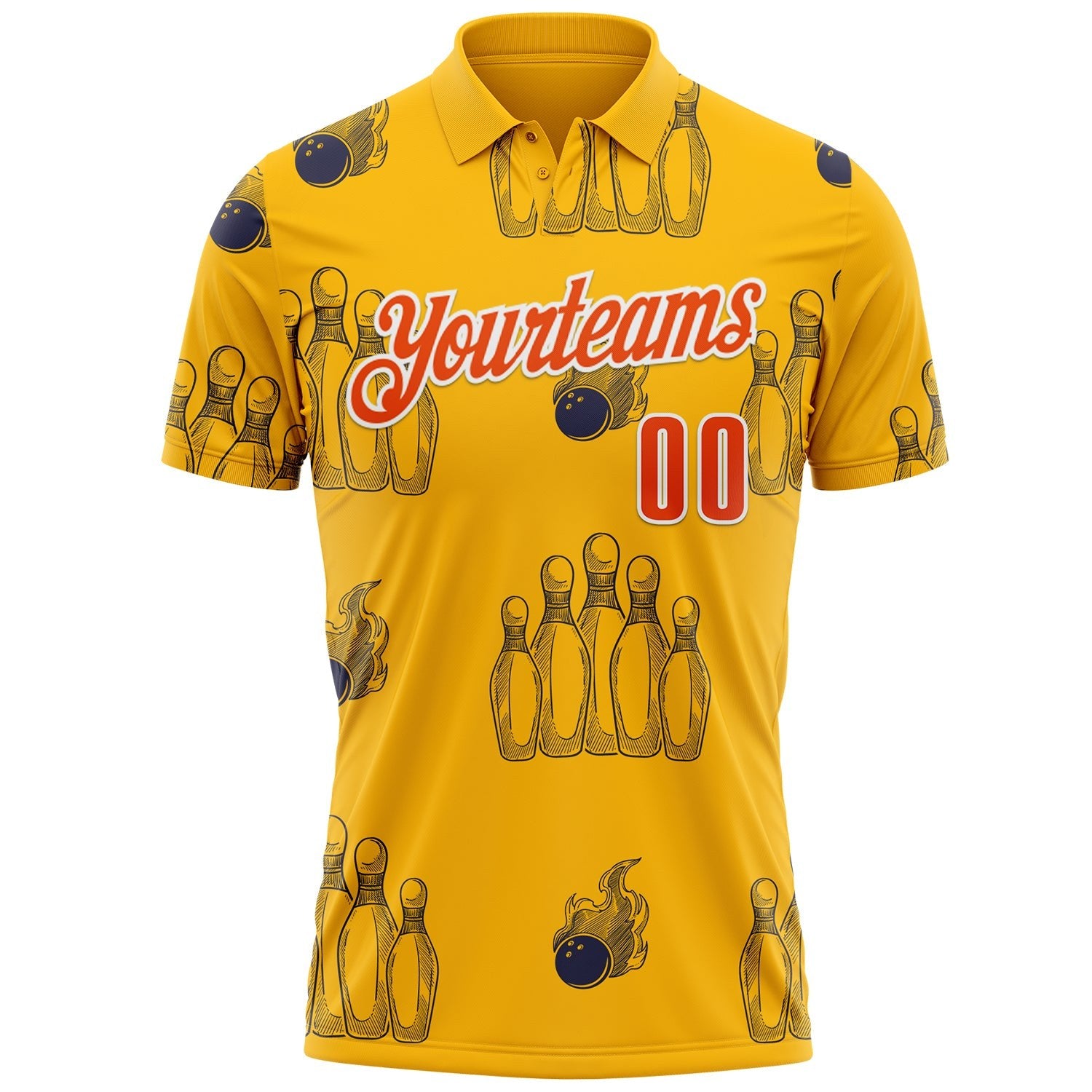 Custom Gold Orange-White Fire Bowling Ball And Pins Strike Performance Polo Shirt photo 1