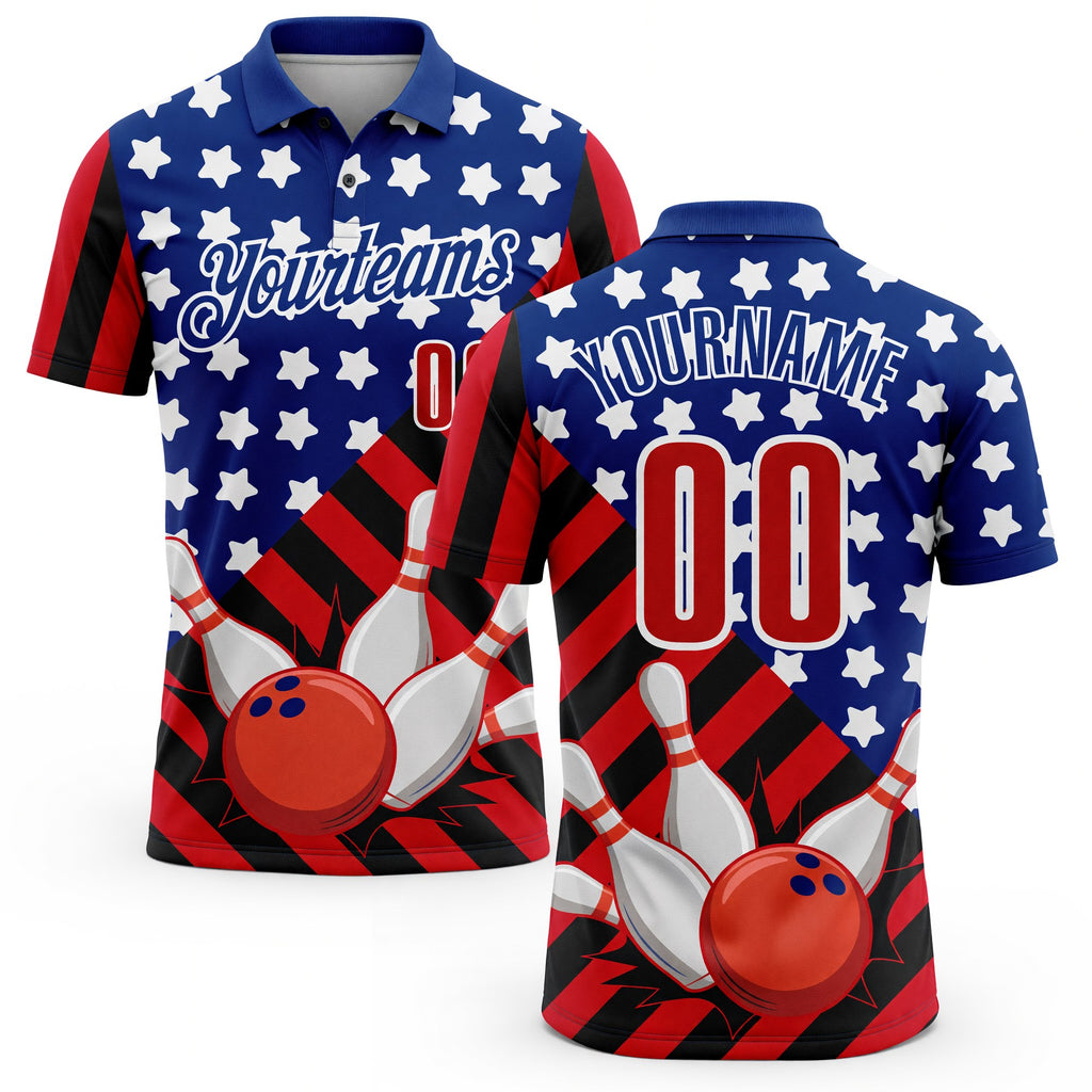 Custom Royal Red Black-White Patriotic American Flag Bowling Ball And Pins Strike Performance Polo Shirt