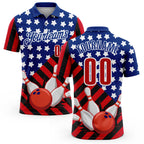 Custom Royal Red Black-White Patriotic American Flag Bowling Ball And Pins Strike Performance Polo Shirt