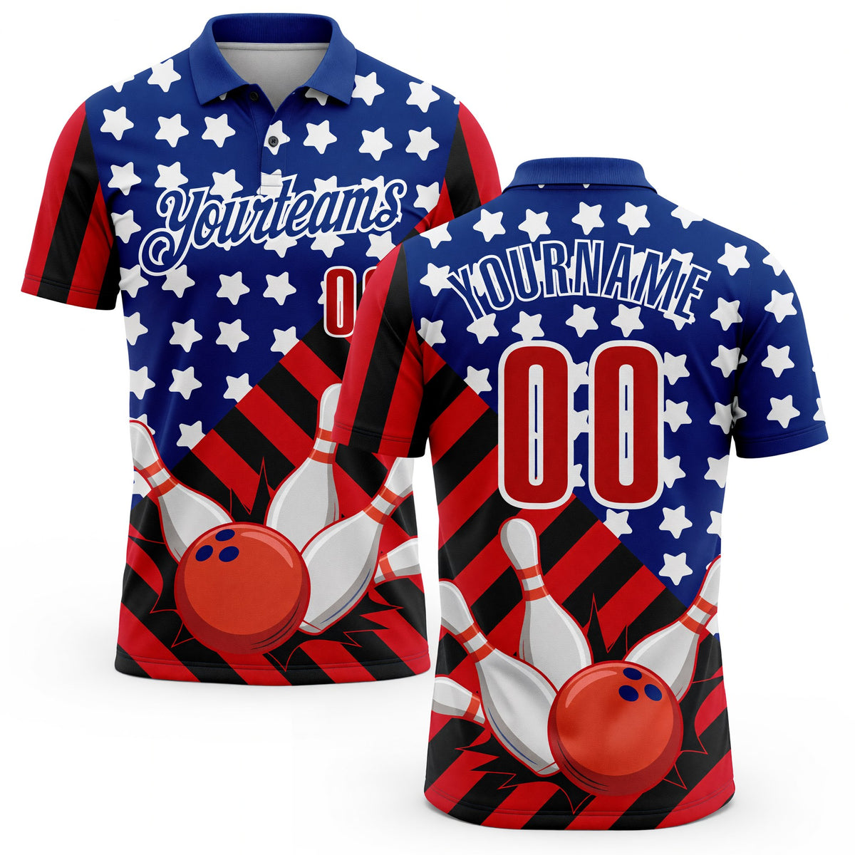 Custom Royal Red Black-White Patriotic American Flag Bowling Ball And Pins Strike Performance Polo Shirt