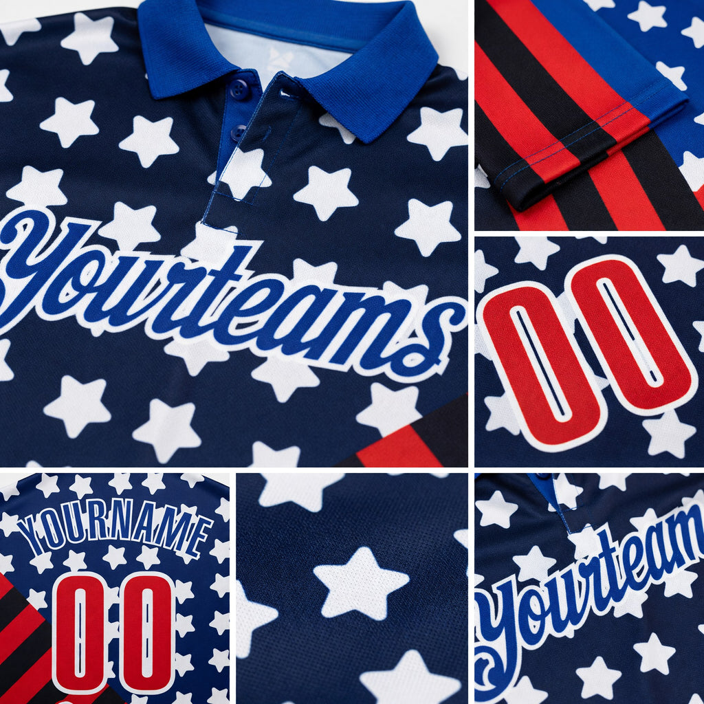Custom Royal Red Black-White Patriotic American Flag Bowling Ball And Pins Strike Performance Polo Shirt detail