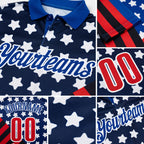Custom Royal Red Black-White Patriotic American Flag Bowling Ball And Pins Strike Performance Polo Shirt detail