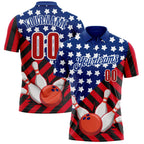 Custom Royal Red Black-White Patriotic American Flag Bowling Ball And Pins Strike Performance Polo Shirt photo 1