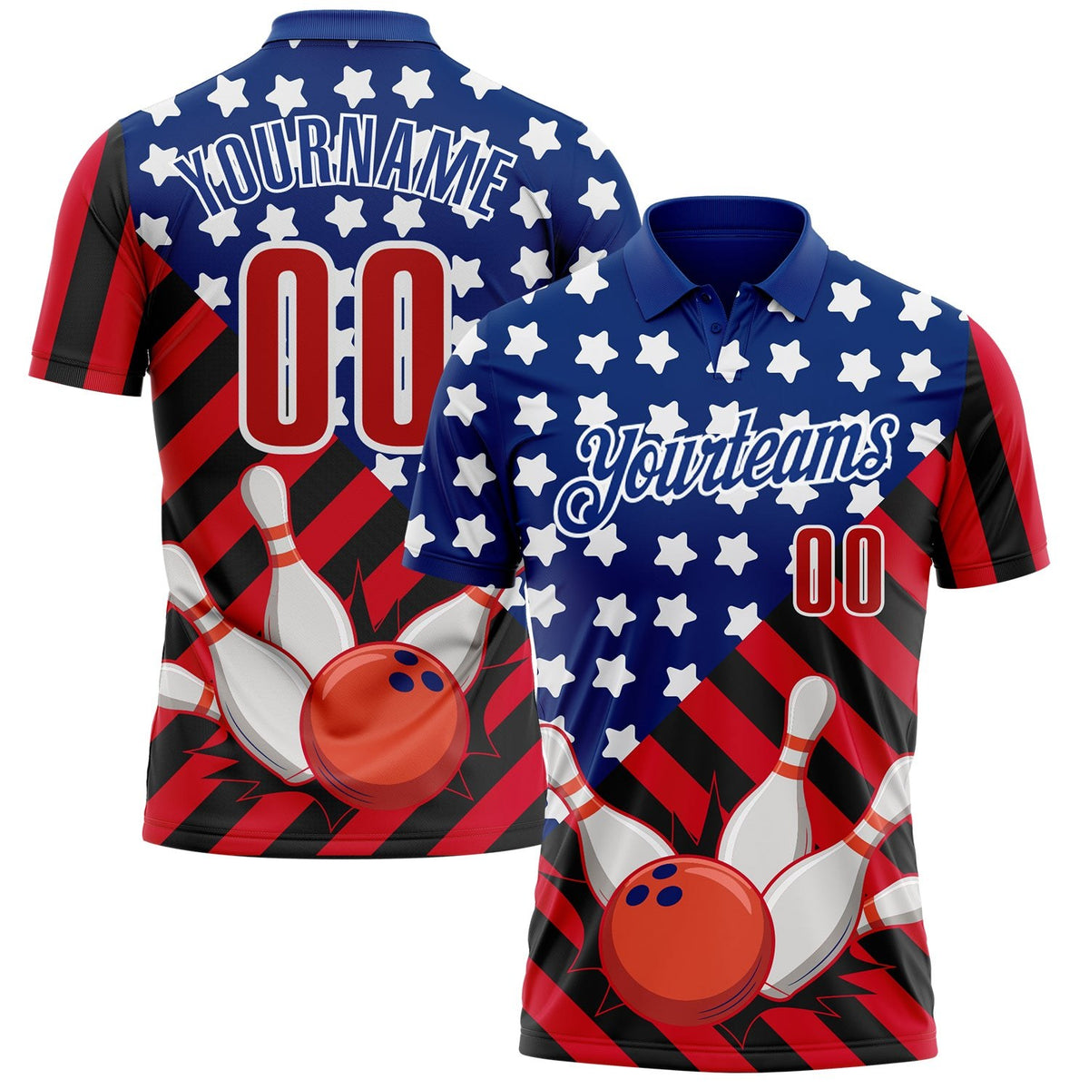 Custom Royal Red Black-White Patriotic American Flag Bowling Ball And Pins Strike Performance Polo Shirt photo 1