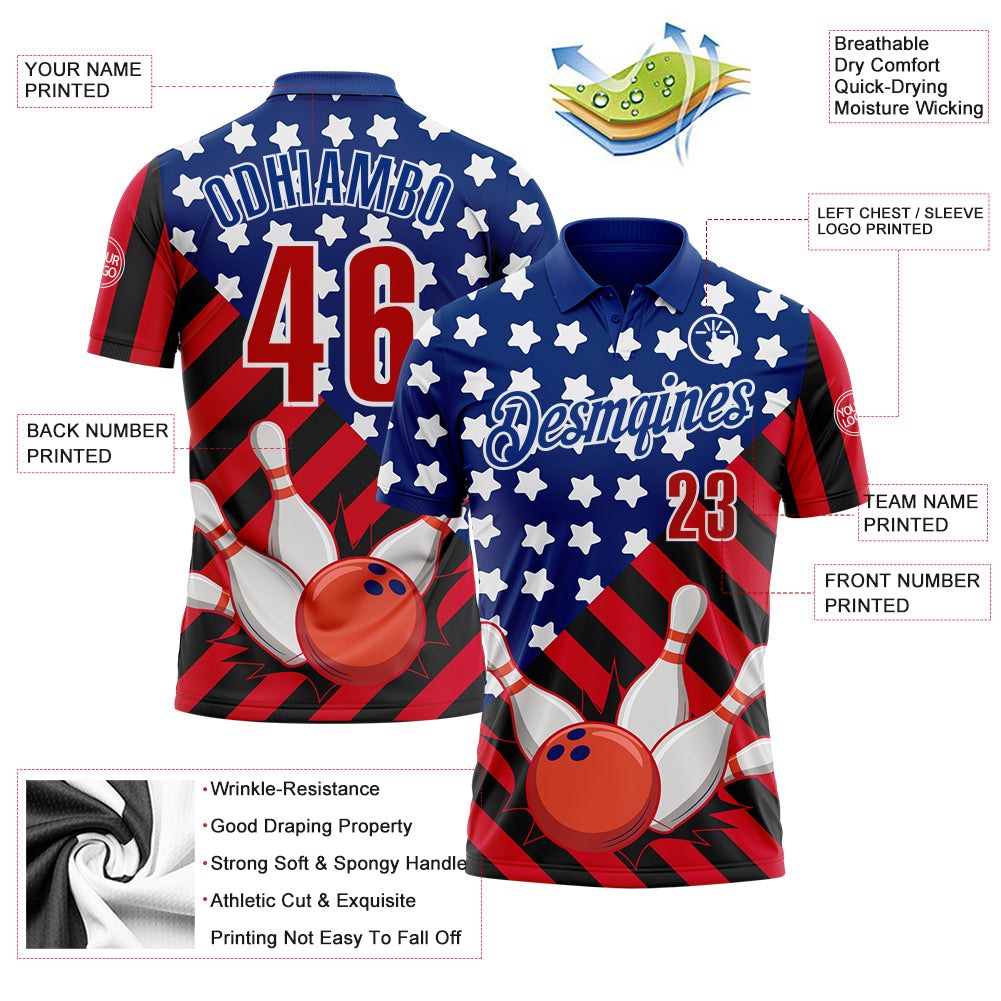 Custom Royal Red Black-White Patriotic American Flag Bowling Ball And Pins Strike Performance Polo Shirt photo 3