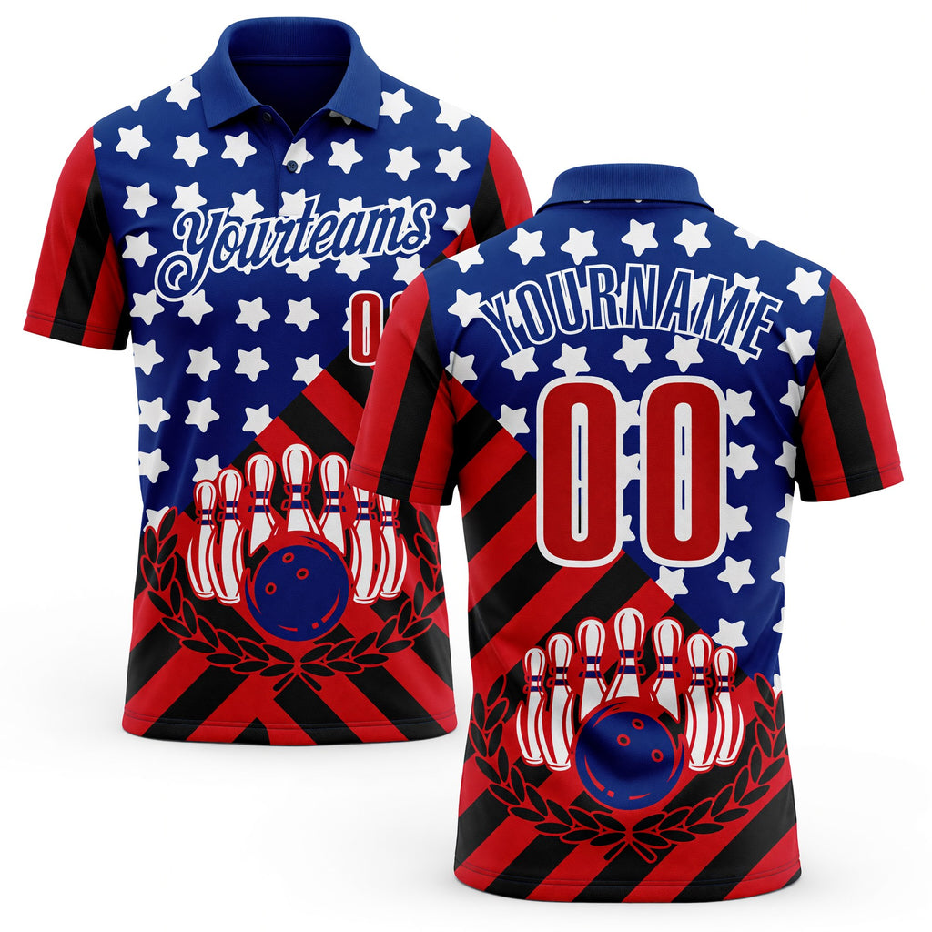 Custom Royal Red Black-White Patriotic American Flag Bowling Ball And Pins Strike Performance Polo Shirt